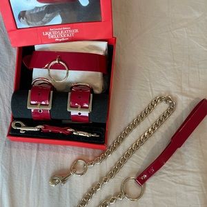 Honey Birdette Red Liquid Leather Bondage kit collar leash& handcuffs gold chain
